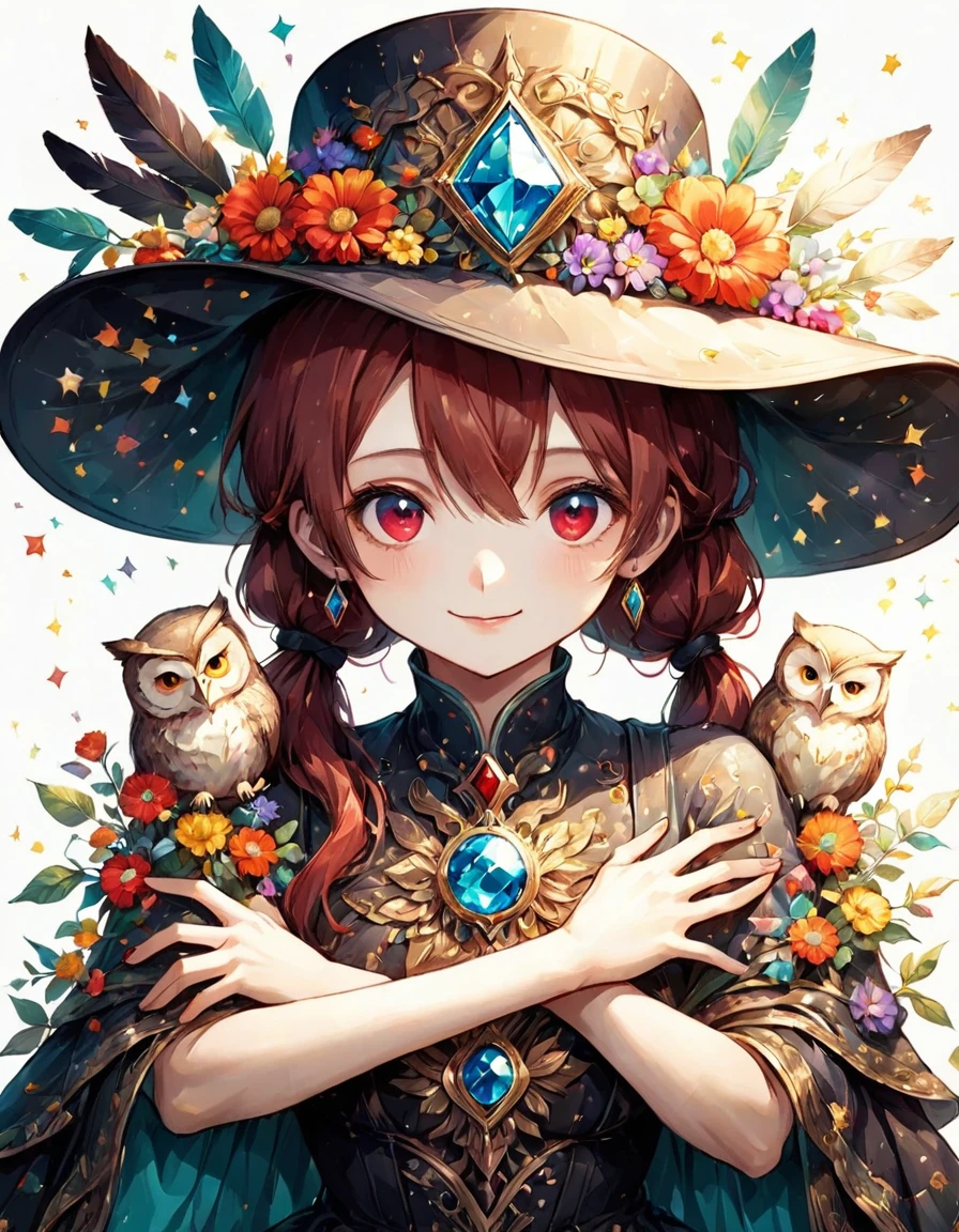 Highest quality、High resolution、(Beautiful face in every detail:1.4)、(Draw a picture to fit on the canvas:1.5)、Carefully draw your hands、Delicate hands、Elaborate hands、Anatomically correct、(Normal number of fingers:1.2)、(Highly detailed face)、Detailed eyes、大people、20Age、Perfect body line、Stand in the center、so beautiful、 (((Blank Background:1.5, No background:1.5, Background white:1.5)))、1people、(Upper Body:2.0)、woman、(smile:1.5)、Halloween、witch、The hat is very small、(Dark red hair:2.0)、(Hair tied in a ponytail:2.0)、(witchの帽子:1.5)、(owl1羽:2.0)、(1羽のとても大きいowl:1.5)、(owl1Being with the feathers:1.5)、(owlはwomanの体の手か前腕にとまってる:1.5)、(The hat only has flowers on it:2.0)、There are lots of flowers on the hat、Unexposed clothing、(リアルなowl:1.5)、まるで写真のようなowl、Change the design of the clothes、(Victorian dress:1.5)、Robe、Do a different pose、Purple clothes、(There is a big jewel on the hat:2.0)、Remove extra fingers、胸元にowlが止まっている、owl消さないで、(Arms crossed:1.5)、Change the design of the jewel on the hat、Long hair like Hatsune Miku、