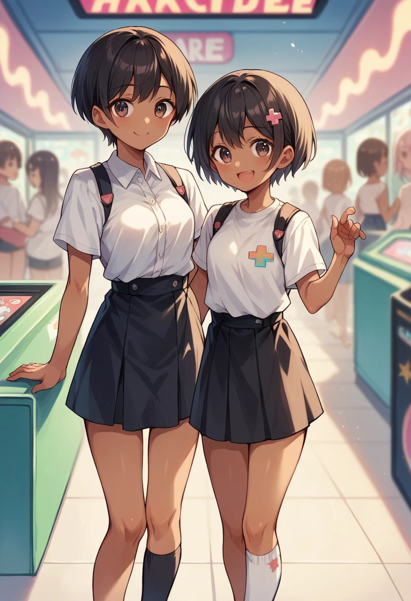 Young women, short, black hair , brown skin , hot , cute , standing, arcade, white shirt, black short dress, white takkies, single sock, romantic, smile , carefree