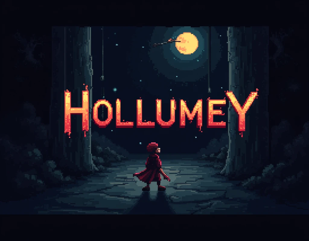 Title say: "Hollumey", Hollumey Title, RPG Game cover, dark style, Crime Game, Detective Game, Pixel art, Retro game, 8bit, 16bit