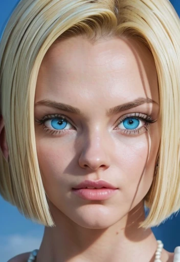 masterpiece, from Android 18, Blonde with big tits , blue eyes, smooth skin detailed face perfectly eyeliner voluminous lips upturned nose extraordinary beauty wallpaper fanart hyperrealistic high resolution 12k 