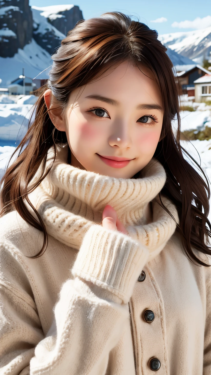 (Highest quality: 1.5), (masterpiece: 1.2), (Realistic: 1), 4K, (RAW Photos: 1.1), 1 person, Baby Face, 20-year-old, Looking at the audience, Black Hair, Icelandic, snow, ice, cold, Eskimo, Portraiture, winter, gloves, scarf, close your eyes, smile, cute, Upper Body, snow piled up, Wide Shot,