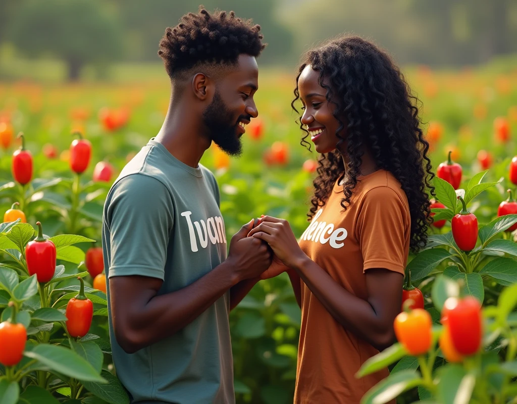 Un homme noir en genoux entrain d’offrir une bague de mariage et son amoureux noir debout souriant dans une un champ de poivron
Nous pouvons voir le mot Ivan sur le t-shirt de l’homme et Florence sur le t-shirt de la femme