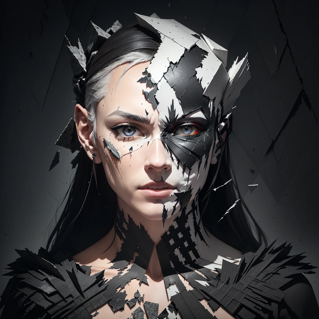 a black and white photo of a face with broken pieces of paper, cracked porcelain face, subject made of cracked clay, broken mask, inspired by Igor Morski, shattered abstractions, shattered wall, shattering, shattered, 3d portrait, 3d render digital art, detailed face ), digital sculpture, made of paper, fragmented, by Patrick Pietropoli
