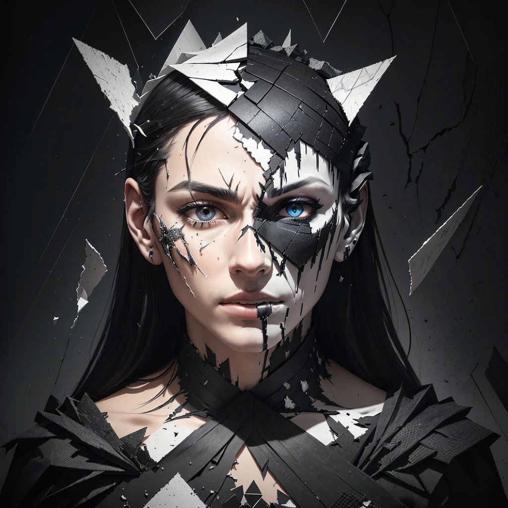 a black and white photo of a face with broken pieces of paper, cracked porcelain face, subject made of cracked clay, broken mask, inspired by Igor Morski, shattered abstractions, shattered wall, shattering, shattered, 3d portrait, 3d render digital art, detailed face ), digital sculpture, made of paper, fragmented, by Patrick Pietropoli