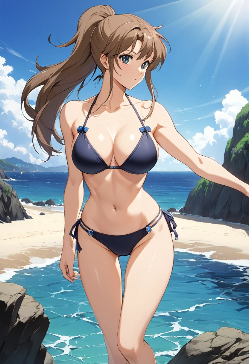 Highest quality, Great quality, 16K, Unbelievably absurd, Very detailed, 2.5D, delicate and dynamic, (Makoto Kino),blue sky,  Small face, Very delicate look, Delicate eye depiction, Very Fine Hair, erotic, sexyな女性, Healthy body shape, Swimwear,bikini、 height: 175cm, Light brown long hair,ponytail、 sexyな長い脚, Glowing Skin, The background is the sea ,1990s \(style\),、(E-cup beautiful breasts)、Muscular、sexy,Cinema Lighting, (完璧なGlowing Skin:0.6),Always high quality CG Unity 8K wallpapers