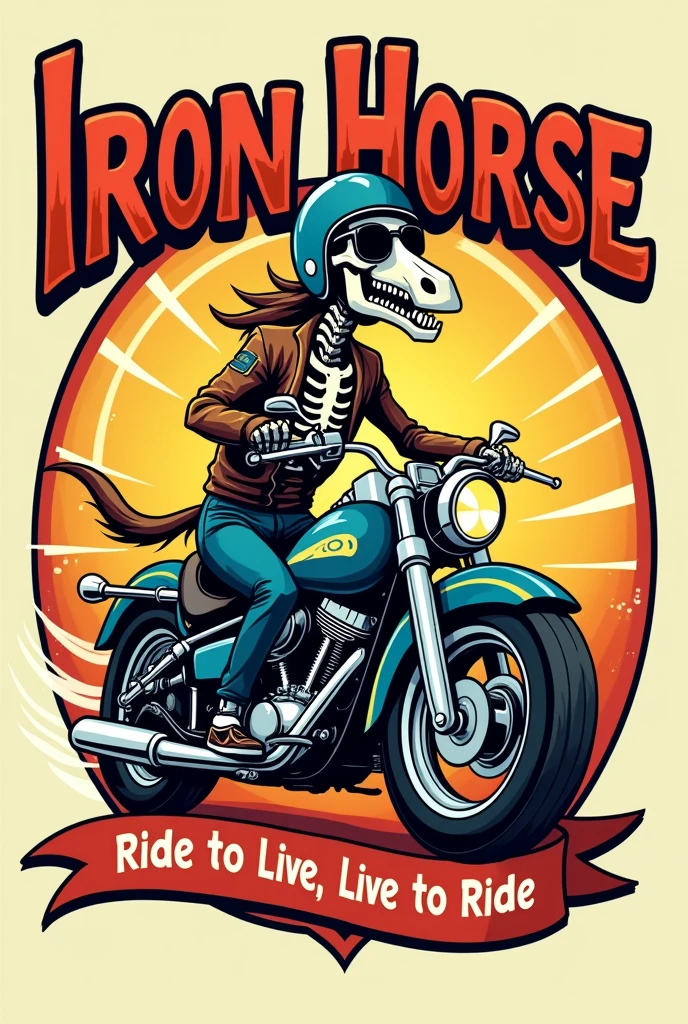 Cartoon style emblem written "IRON HORSE" with a funny horse skeleton wearing a helmet with sunglasses riding a motorcycle, 50's cartoon style, underneath there is a ribbon written "Ride to Live, Live to Ride"