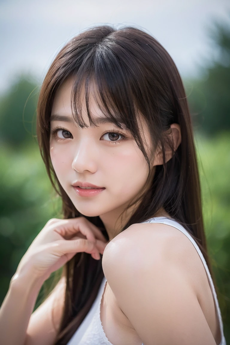 Highest quality, Realistic, High resolution, 8k RAW Photos,One personで, One person'S, 30 years old、Drinking soda through a straw、smile、(((White T-shirt)))、sneakers、Hold a soda cup in both hands、On a park bench