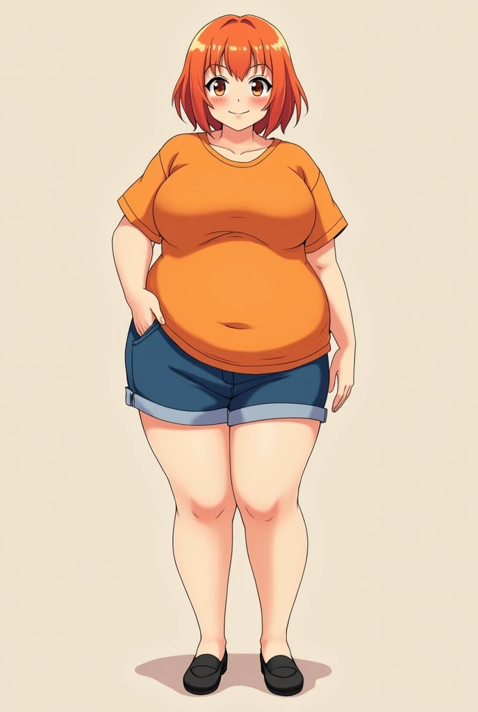 an anime fat girl standing, shorts, orange hair, solo, short hair, smile, full body, 4k hd, legs visible, tall, blue shorts and an orange shirt, brown eyes, 1girl, in black Flats, 4k hd, big breasts, big fat girl, big belly