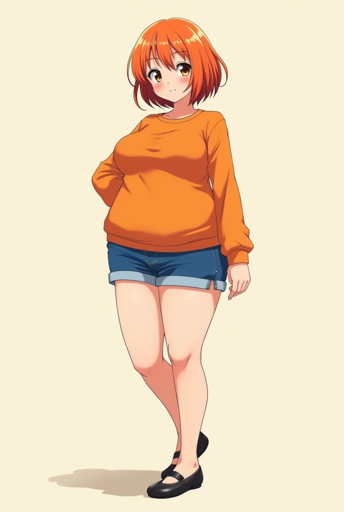 an anime fat girl standing, shorts, orange hair, solo, short hair, smile, full body, 4k hd, legs visible, tall, blue shorts and an orange shirt, brown eyes, 1girl, in black Flats, 4k hd, big breasts, big fat girl, big belly