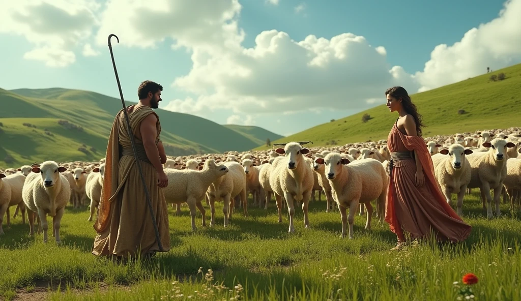 Greek shepherd man and woman playing with a lot of cows and sheeps in green hilly background renaissance cinematic HD
