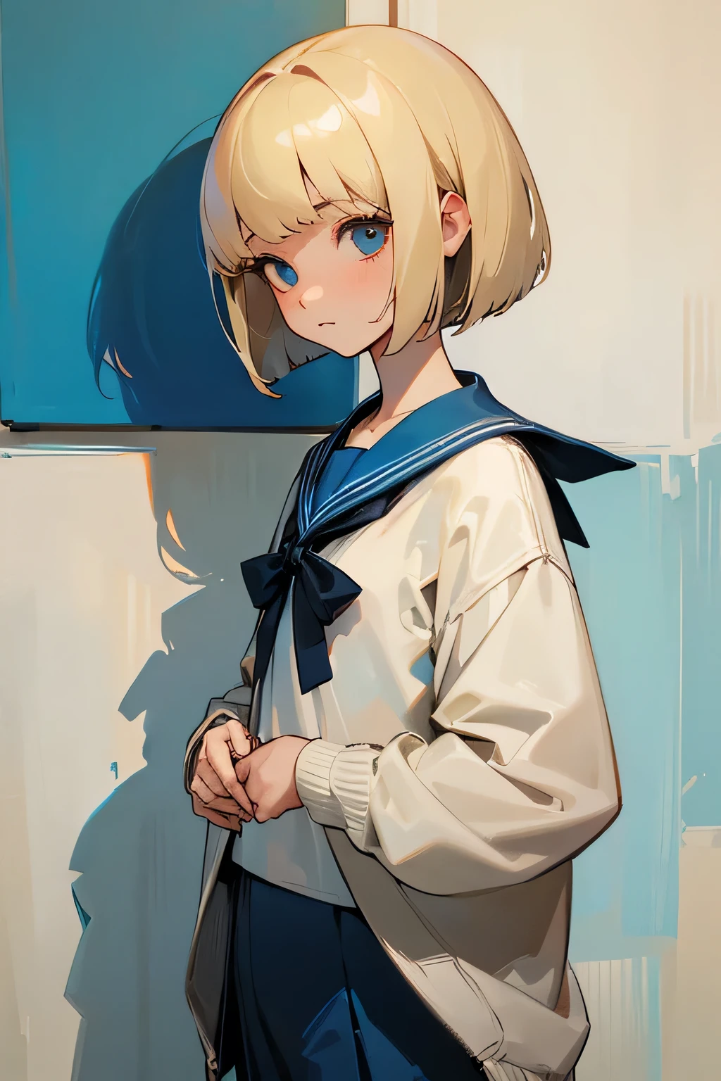 ((Highest quality)), ((masterpiece)), (detailed), One girl, sexy,Blonde,Inner light blue,Bobcut,Confused eyes,Introvert,Sailor suit,baggy cardigan,Saucy,Small devil,one's junior,subculture,Downer,Gal