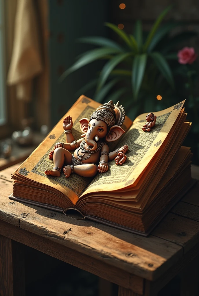 The book kept on the table and must have the image of lord Ganesha on it. The cover should be made of rusty copper with a golden shade where 10 tiny people trapped inside the open book.
