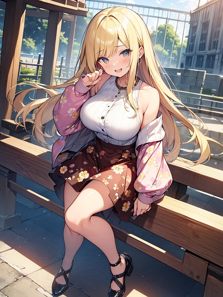 (Masterpiece, Top quality:1.5), full body, (1 beautiful girl, solo:1.2), (Round eyes, big eyes, droopy eyes:1.3), (short height:1.2), (Floral Print Knee-Length Skirt:1.3), (blonde hair:1.2), long Hair, straight Hair, asymmetry bangs, swept bangs, (large breasts:1.2), smile:1.3, blush:1.3, beautiful scene of station platform, open mouth, dynamic pose, dynamic angle