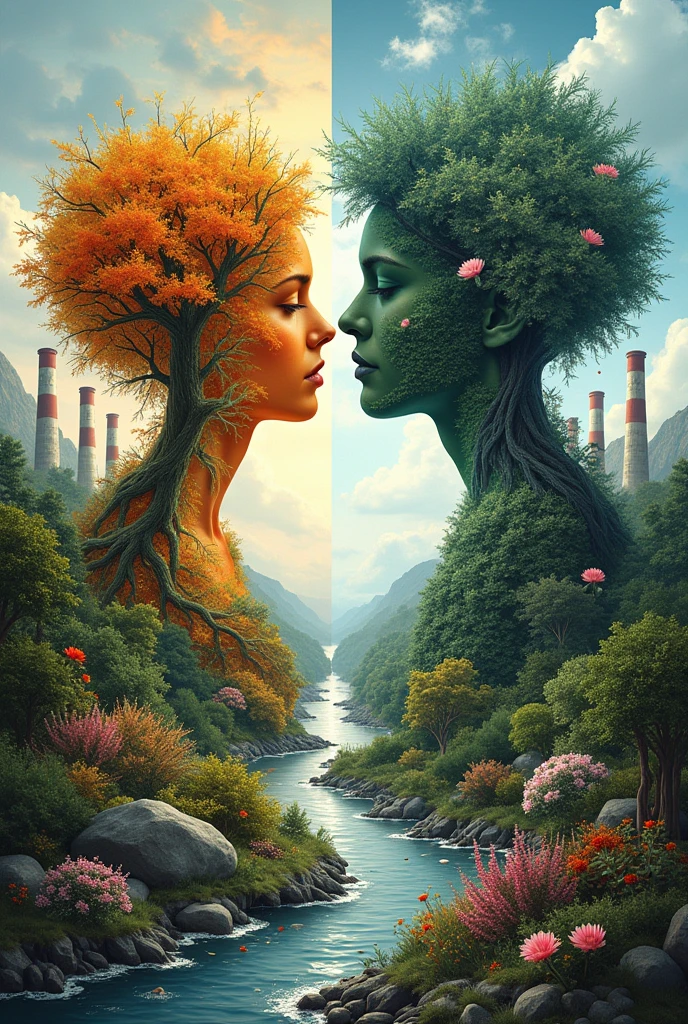 A emotional diagram for past and future due to pollution with lots of nature elements affect by pollution