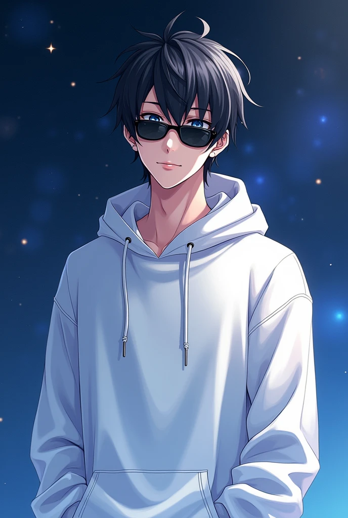 make a cool anime boy character with black sun glass(white hoodie) on background blue theme galaxy no stars and with small smile and tha fece is cute(no body on face )