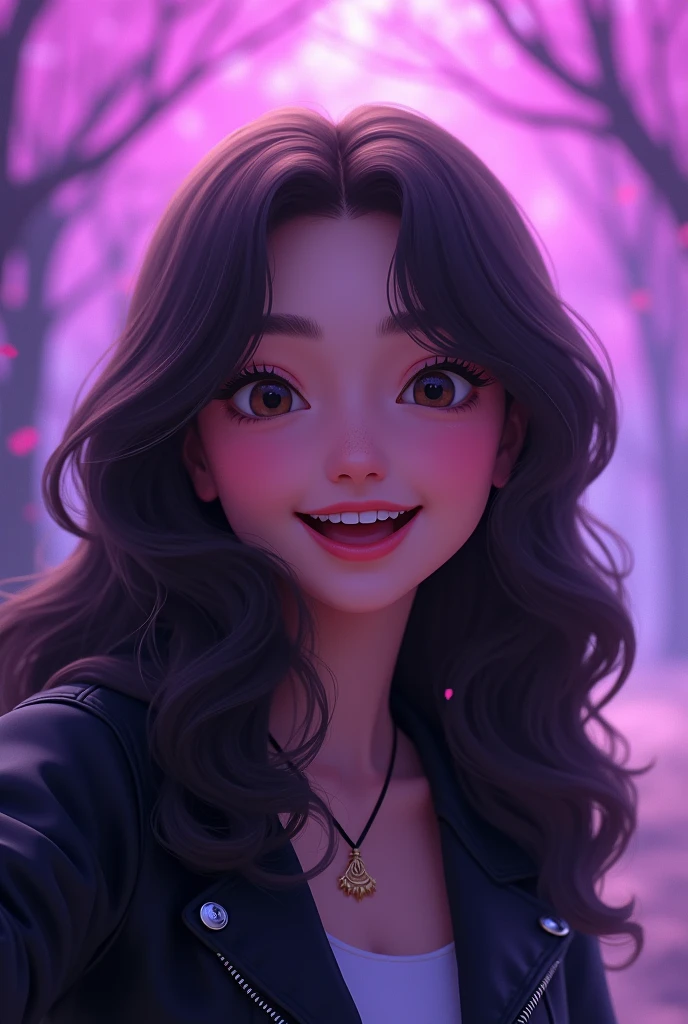 One girl.she using make up.she take selfie and smile on camera.she wearing a black jacket.she has a long hair and a little bit curly.Background purple.3D ghibli