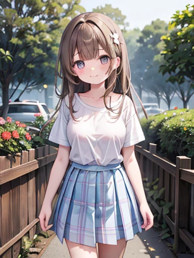 Highest quality、Anime girl with brown hair and beautiful flowers々Park where flowers bloom Bird Minami、Put your arms behind your back、、 [3D Images:1.15],High resolution、garden、Highest quality, High resolution, View from the front、全体的にLong Hair、One Girl, A strong face, smile, Bird, Long Hair, Braunhine Finger、Bright Eyes, Cute clothes、Ｔshirt、shirt、Cute Skirt、Skirt, White Skirt、Absolute reference to the center、During a walk、Date、Delicate fingertips,Large Breasts