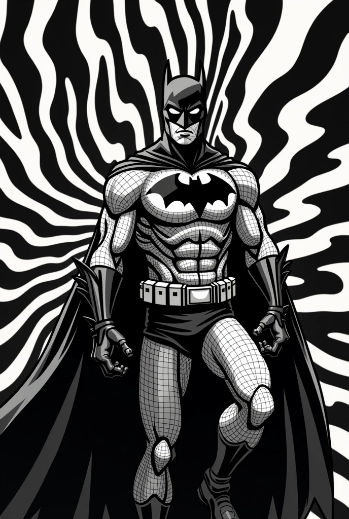 Make Batman in black and white op art, so what makes him cartoonish, but it makes batman much more cartoonish