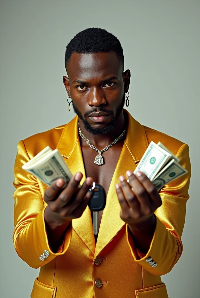 A man image gold dress and first' hand was lembo car key and second hand was money frente look image not blur man image and zoom