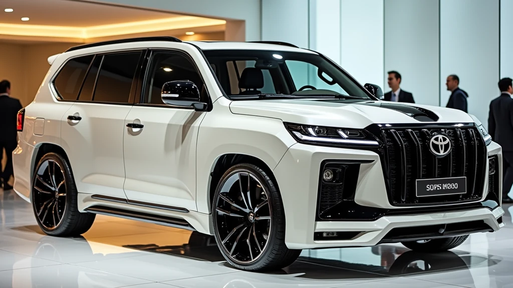 "A luxurious white Toyota land cruiser SUV with a modern design, viewed from the back side, in a bright and polished showroom. The vehicle features sleek tail lights with a futuristic design, a prominent rear bumper, and large black alloy wheels. The SUV's rear has a smooth and aerodynamic shape, with subtle curves and lines enhancing its appearance. The setting includes a glossy showroom floor reflecting the vehicle's details. In the background, a few people can be seen, adding to the busy and upscale showroom atmosphere. Lighting highlights the car’s glossy white paint and the dark accents on its rear."