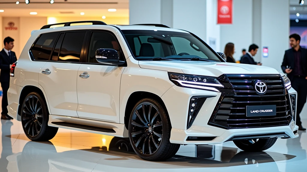 "A luxurious white Toyota land cruiser SUV with a modern design, viewed from the back side, in a bright and polished showroom. The vehicle features sleek tail lights with a futuristic design, a prominent rear bumper, and large black alloy wheels. The SUV's rear has a smooth and aerodynamic shape, with subtle curves and lines enhancing its appearance. The setting includes a glossy showroom floor reflecting the vehicle's details. In the background, a few people can be seen, adding to the busy and upscale showroom atmosphere. Lighting highlights the car’s glossy white paint and the dark accents on its rear."