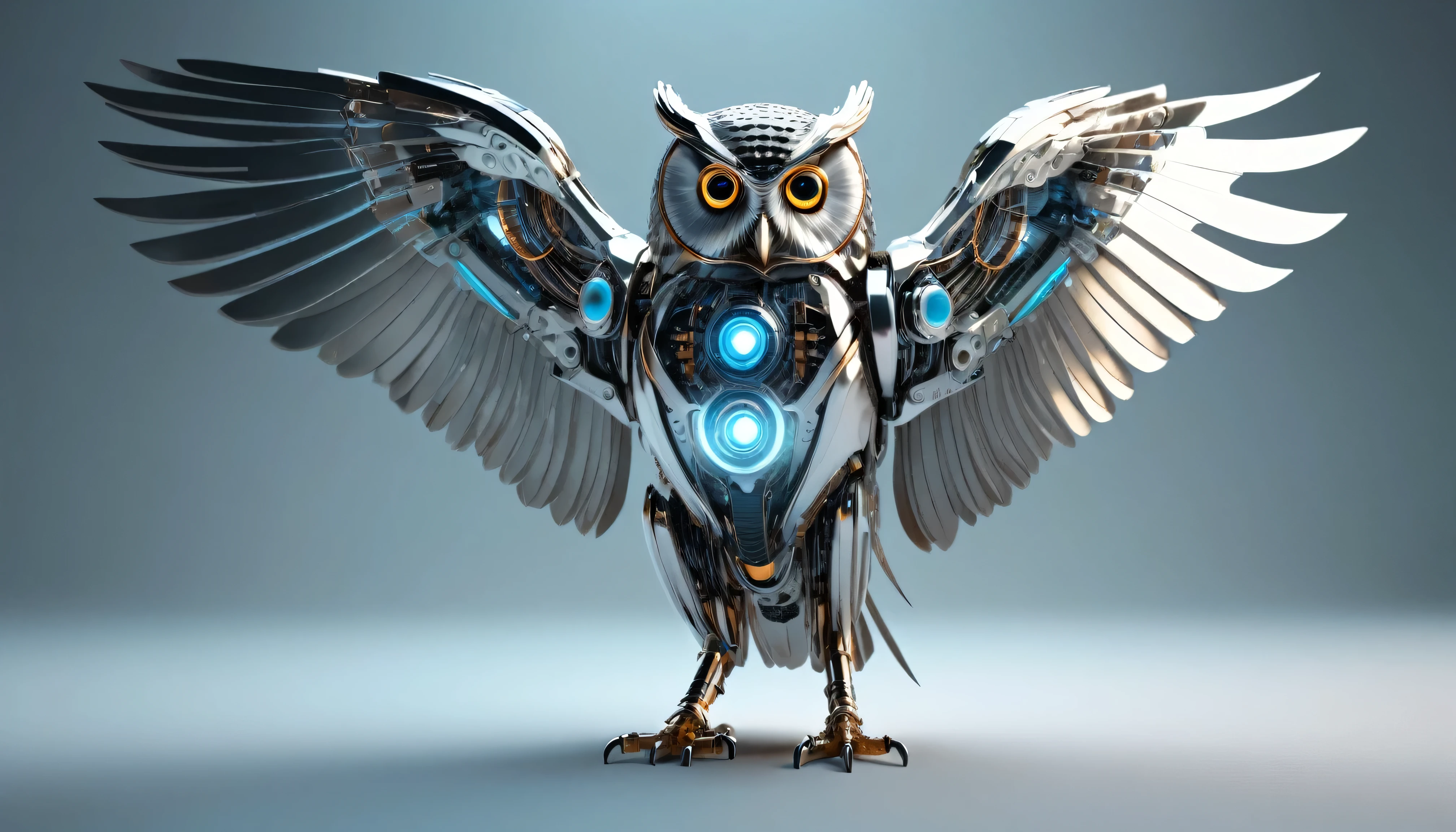 a futuristic owl, isolated, single, highly detailed, cinematic lighting, 8k, photorealistic, intricate machinery, advanced technology, metallic body, glowing cybernetic implants, steaming vents, complex circuitry, dynamic energy field, glossy finish, striking pose