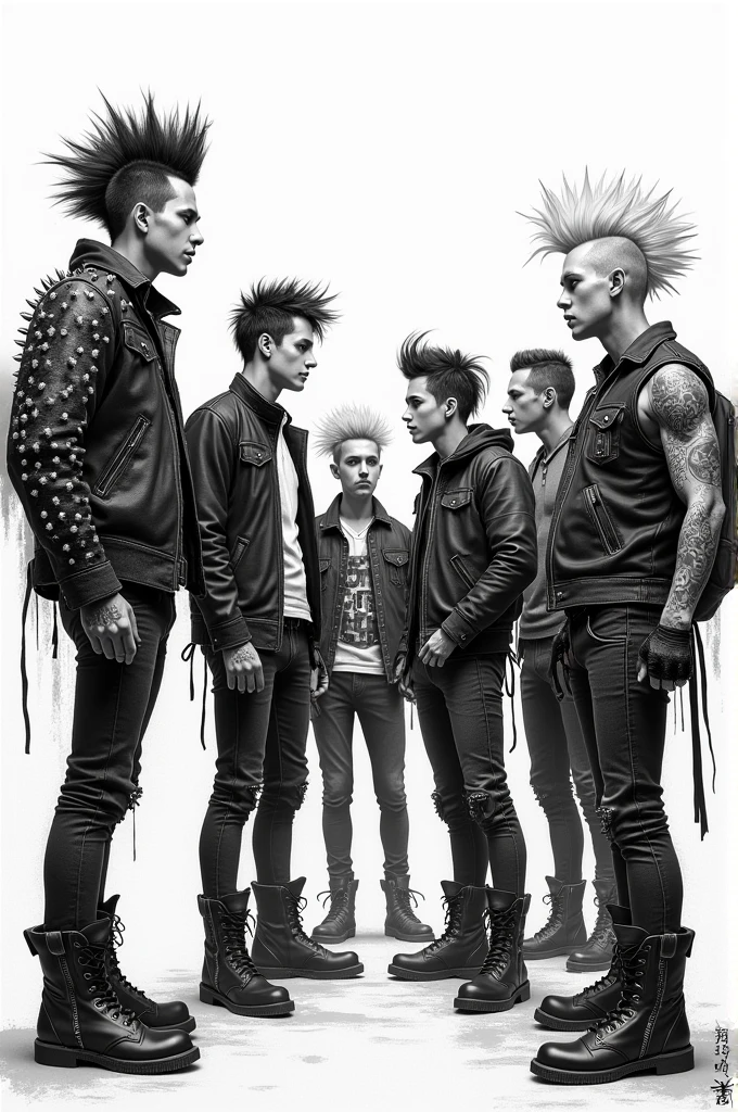 The black and white sketch depicts several punk kids with mohawk hair standing upright wearing full spike jackets and high boots and several punk kids with long hair and bodies covered in tattoos carrying out a demonstration. 