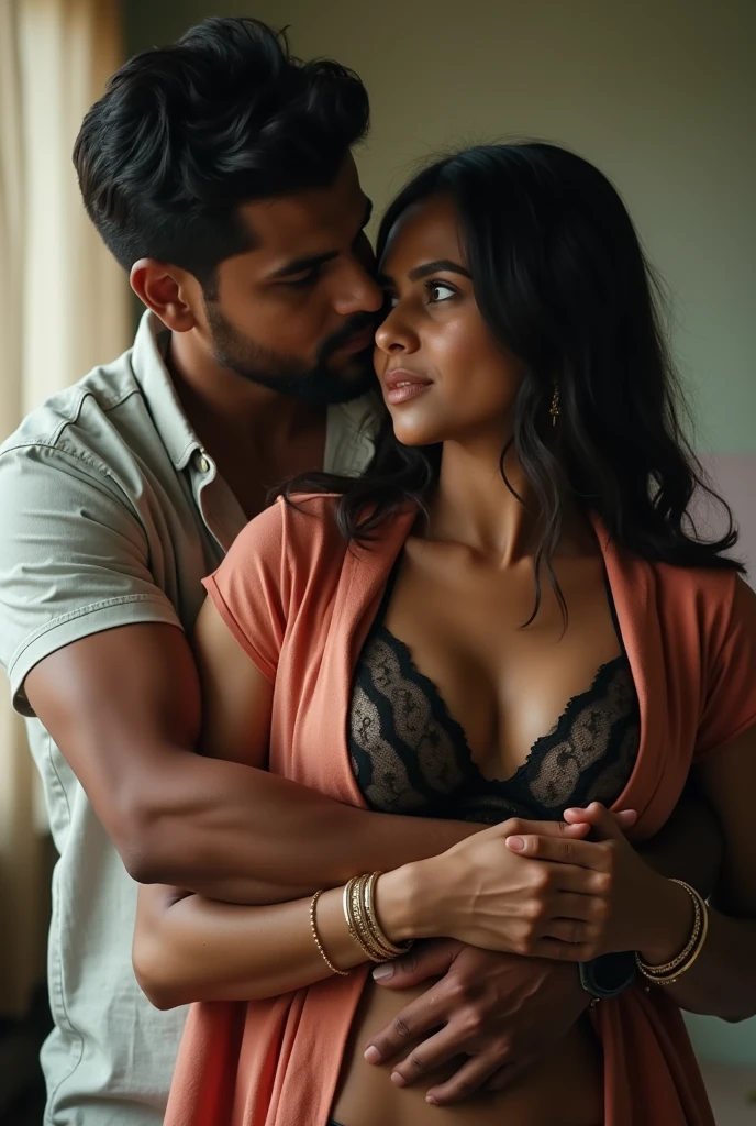 indian man and woman having sex in school, woman wearing front open shirt. man hugging her from behind and grabbing her lace bra, nsfw only