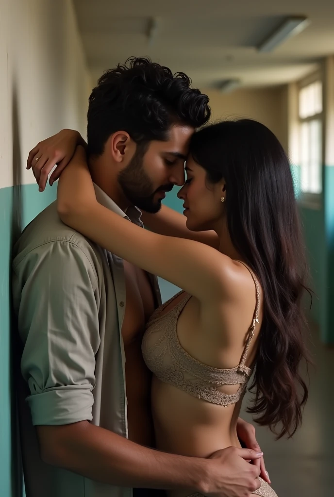 indian man and woman having sex in school, woman wearing front open shirt. man hugging her from behind and grabbing her lace bra, nsfw only