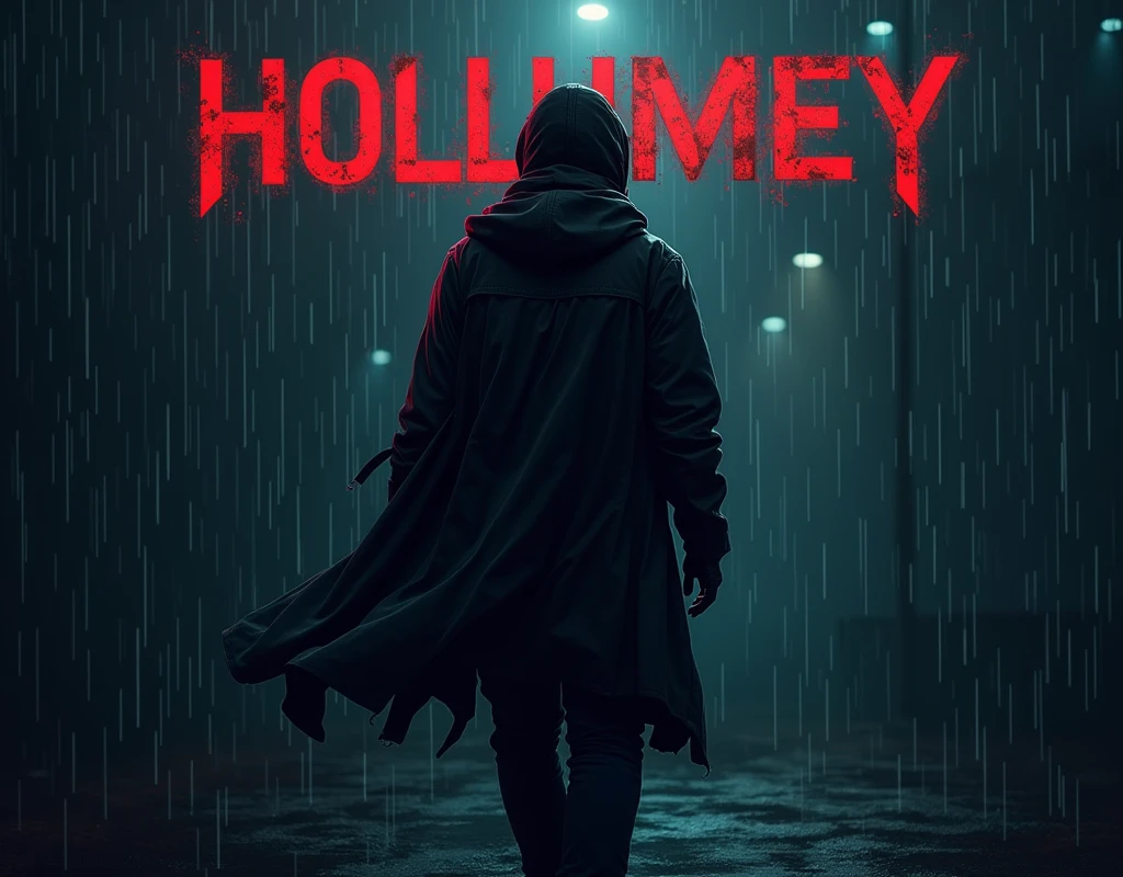 Title say: "Hollumey", Hollumey Title, Oscar_Isaac, Dark jacket, rain, mistery, thriller, realistic, RPG Game cover, dark style, Crime Game, Detective Game, Pixel art, Retro game, 8bit, 16bit