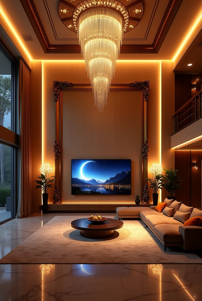 Beautiful luxury home with so many lights and beautiful very big room having big television and big frame