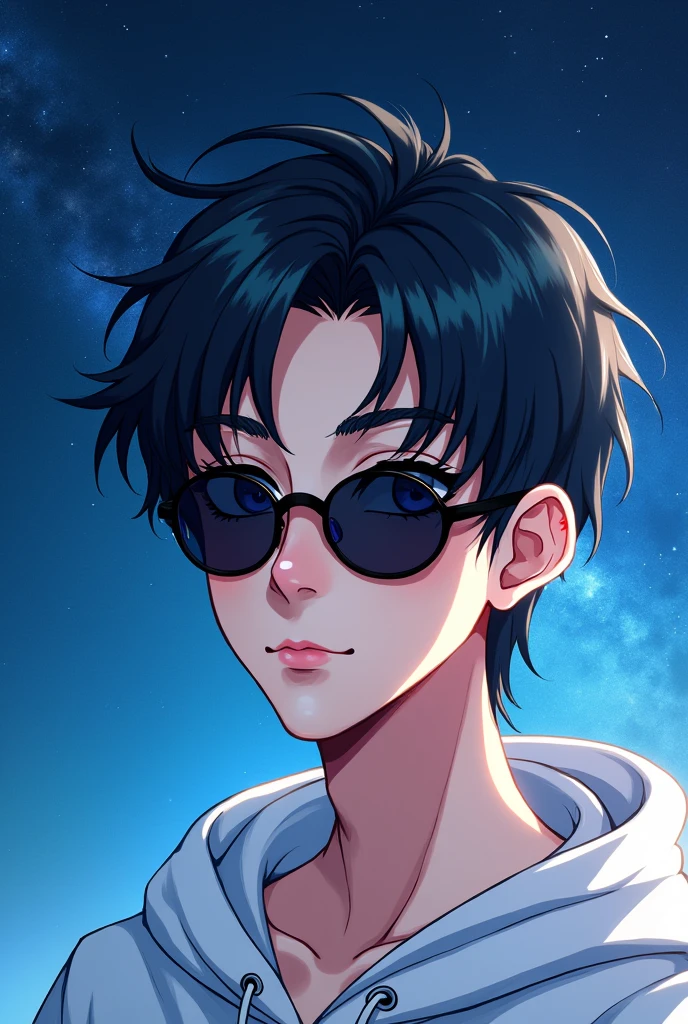 make a cool anime boy character with black sun glass(white hoodie) on background blue theme galaxy no stars and with small smile and tha fece is cute(no body only face )