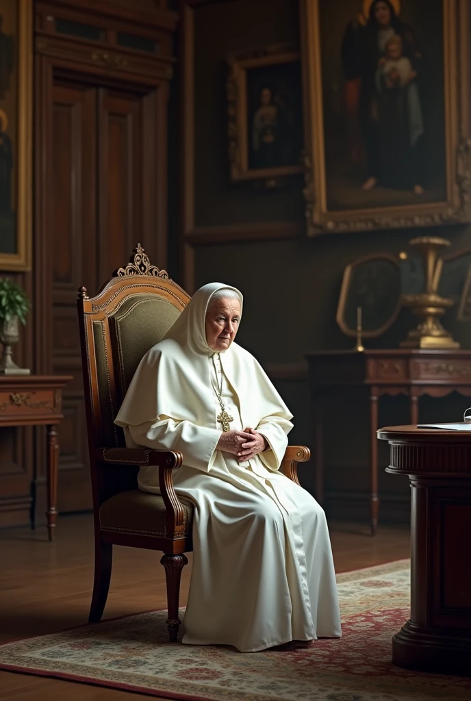 The Pope goes to his office. When you open the door, notices that an elderly woman dressed all in white is sitting in an armchair in front of her office desk.