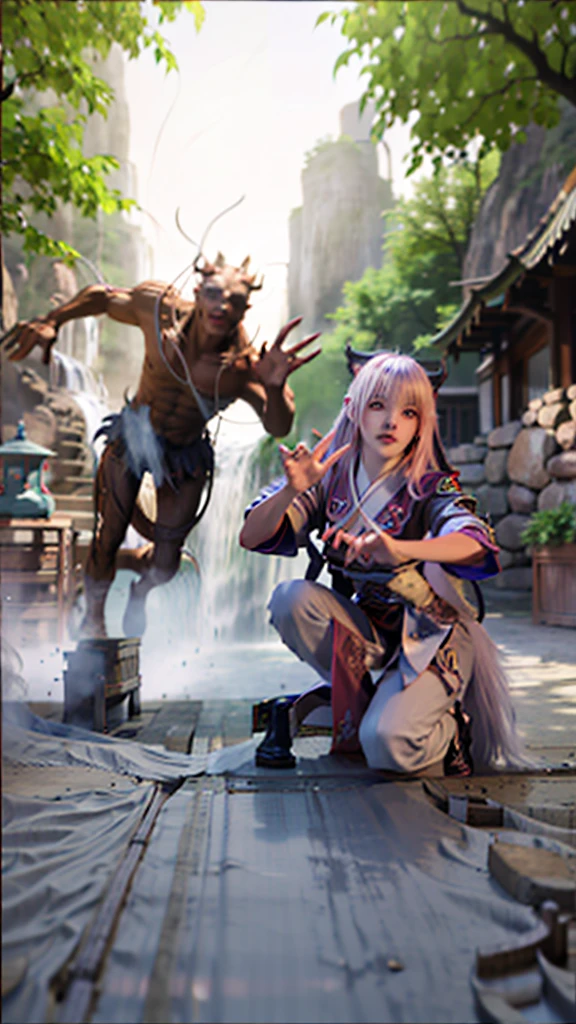 (Jujutsu Kaisen Style) The Chinese white divine dragon rose into the air, (Cat-eared girl controlling a dragon; 1.3) , (Cat-eared girl facing the camera : 1.3 ) , Clouds in the sky surround you , light magic , Fantastic background , Background meaning , Ridiculous background , There is artistic overlap , O cabelo multicolorido , surrealist. Cinematic lighting , Ray tracing , God Light , SPEEDLINE , angle of view , Hyper Hi-Vision, master piece, top-quality , super detailing , hight resolution , hightquality , ( Distant view : 1.3)(top-quality:1.4), ((masterpiece)), ((realisitic)), (detaileds),(Photorealsitic:1.4), The Chinese white dragon is looking at us, &Cat-eared woman in Japanese clothes standing in front of a white dragon at a mysterious waterfall, A cat's ears are the same color as its hair, By this、It feels very natural and real., Cinematic. leng jun, still from a fantasy movie, wlop and ross tran, chinese fantasy, elegant cinematic fantasy art, ross tran and wlop, matte painting portrait shot, Movie photography concept art, Portrait of a girl with cat ears, fantasy character photo, Fantasyart,smiling