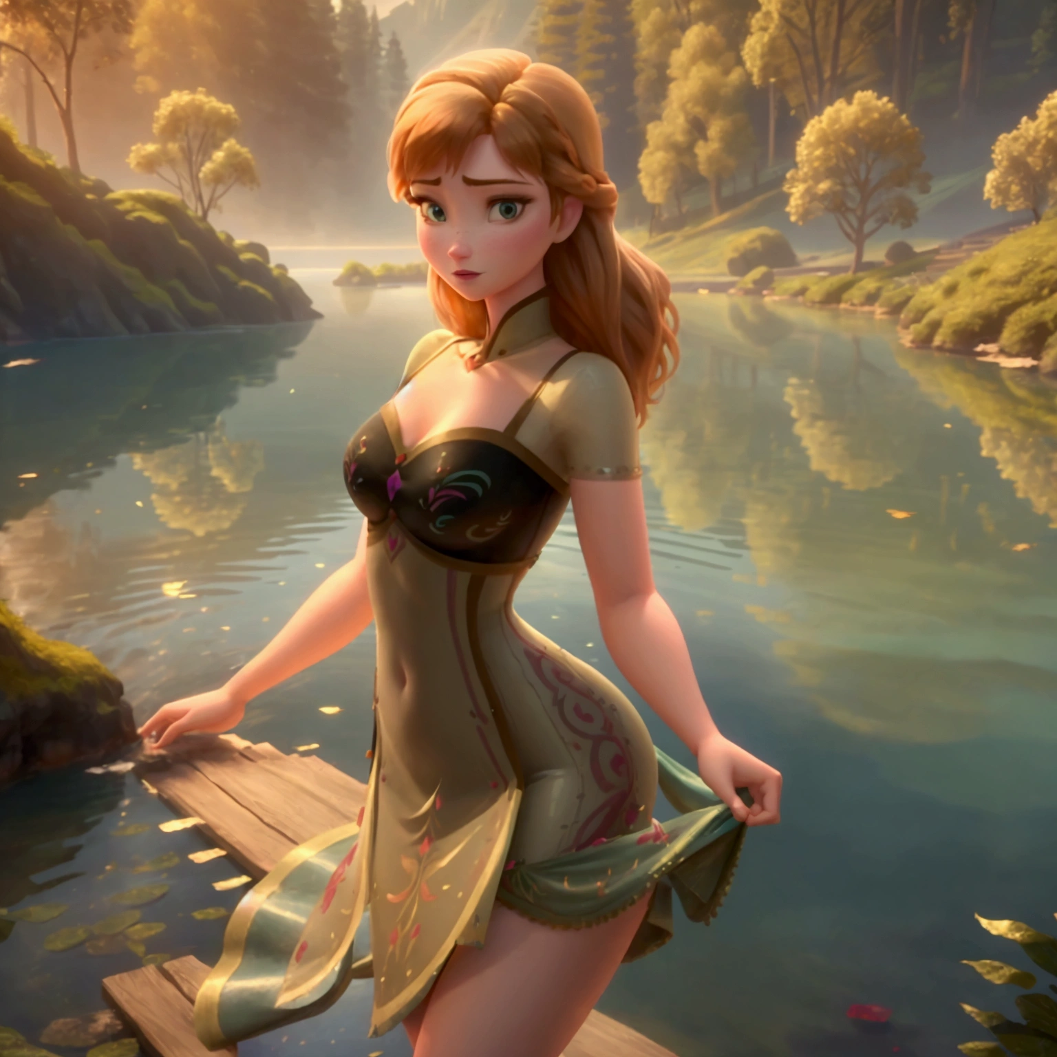  
A sexy beautiful realistic woman, anna of arendelle, posing for a picture, in a lake, wearing short tight dress, long hair, perky breasts, majestic curves, high quality image, realistic background
