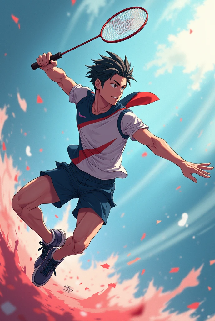Generat the most coolest image of badminton x anime with aura and in jump smashing pose it should be male character it should be square image