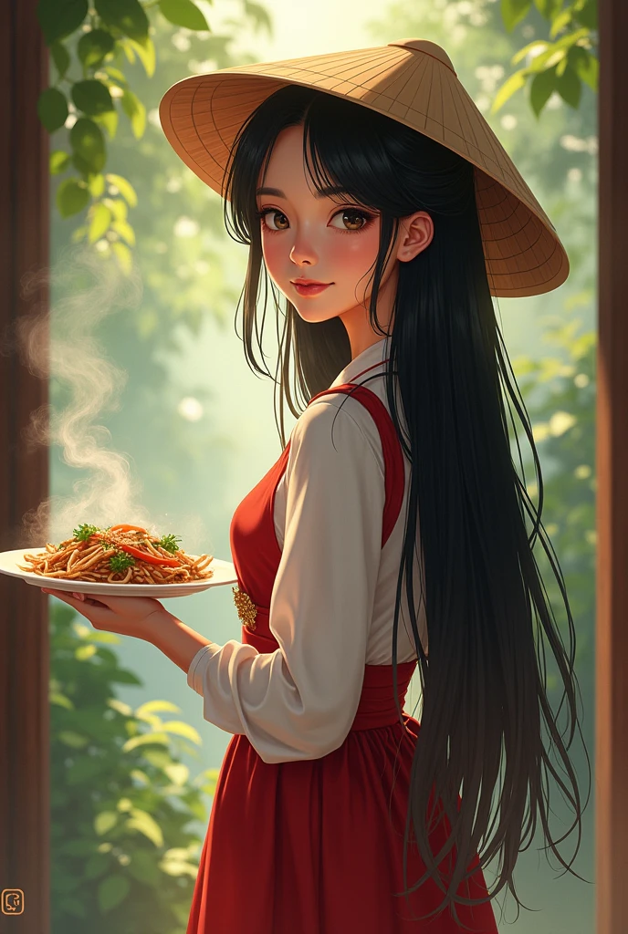 Vietnamese girl with long black hair, holding a plate of food in her right hand, her left hand behind her back, wearing a serving outfit and a conical hat