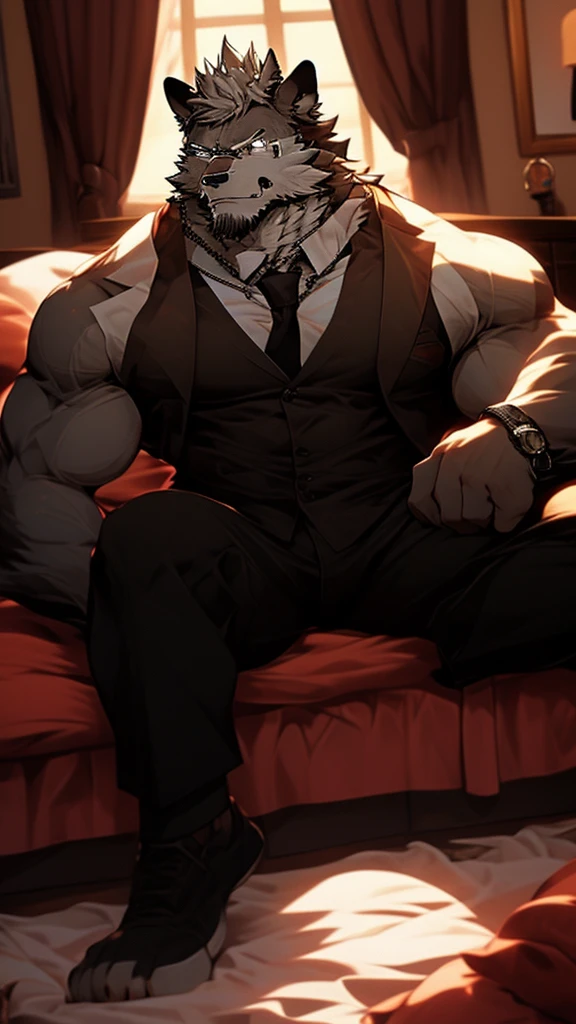 A Very Muscular Furry Gray Wolf. He is wearing A Black Pants with a belt And A Red tie And Topless. He is Angry with a Angry Face on his face. His head is looking at you. He have A Gray messy hair. His left hand is holding A Flip Phone and his right hand is on his leg. He is wearing a black glasses. He is sitting on his bed in his bedroom. He have a black gloves on his hand. He have A Watch on His Arm
