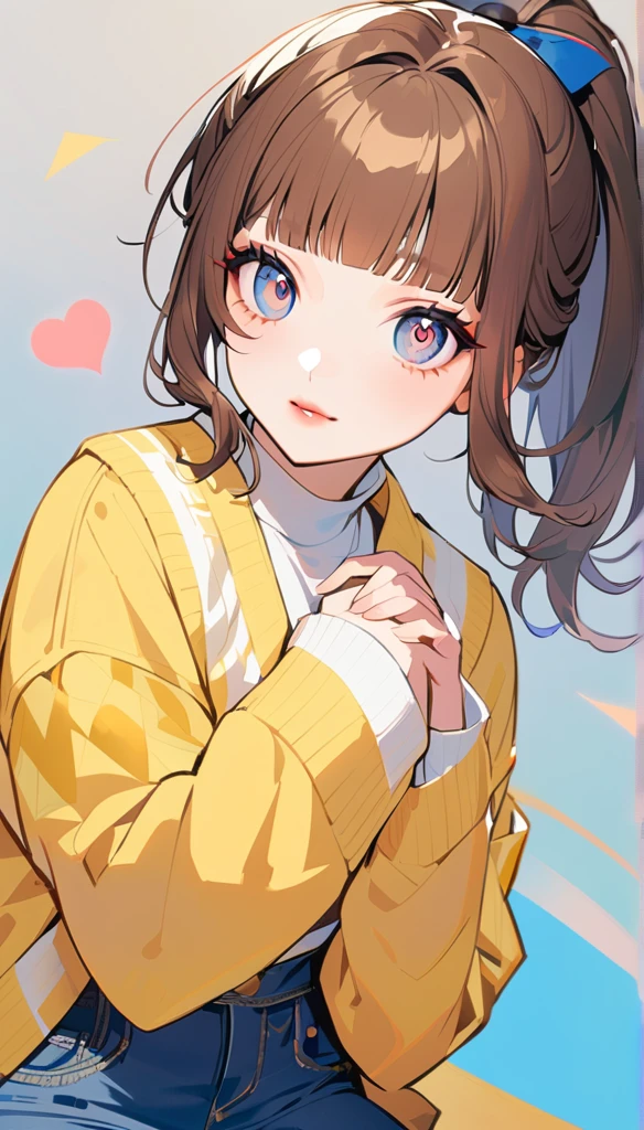 1woman, 独奏, gray eyes, detailed eyes, eyelashes, light lips, 25years old, Brown Hair, Neat bangs, ponytail, oversized yellow cardigan, White T-shirt, blue denim, Heart Eyes, Hands folded in front of chest, Joy