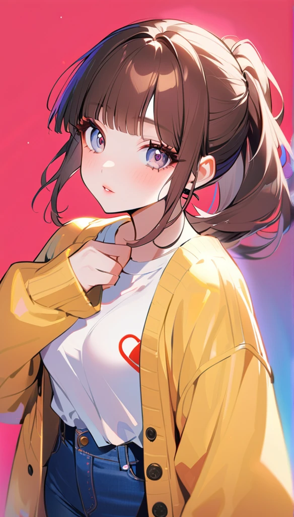 1woman, 独奏, gray eyes, detailed eyes, eyelashes, light lips, 25years old, Brown Hair, Neat bangs, ponytail, oversized yellow cardigan, White T-shirt, blue denim, Heart Eyes, Hands folded in front of chest, Joy