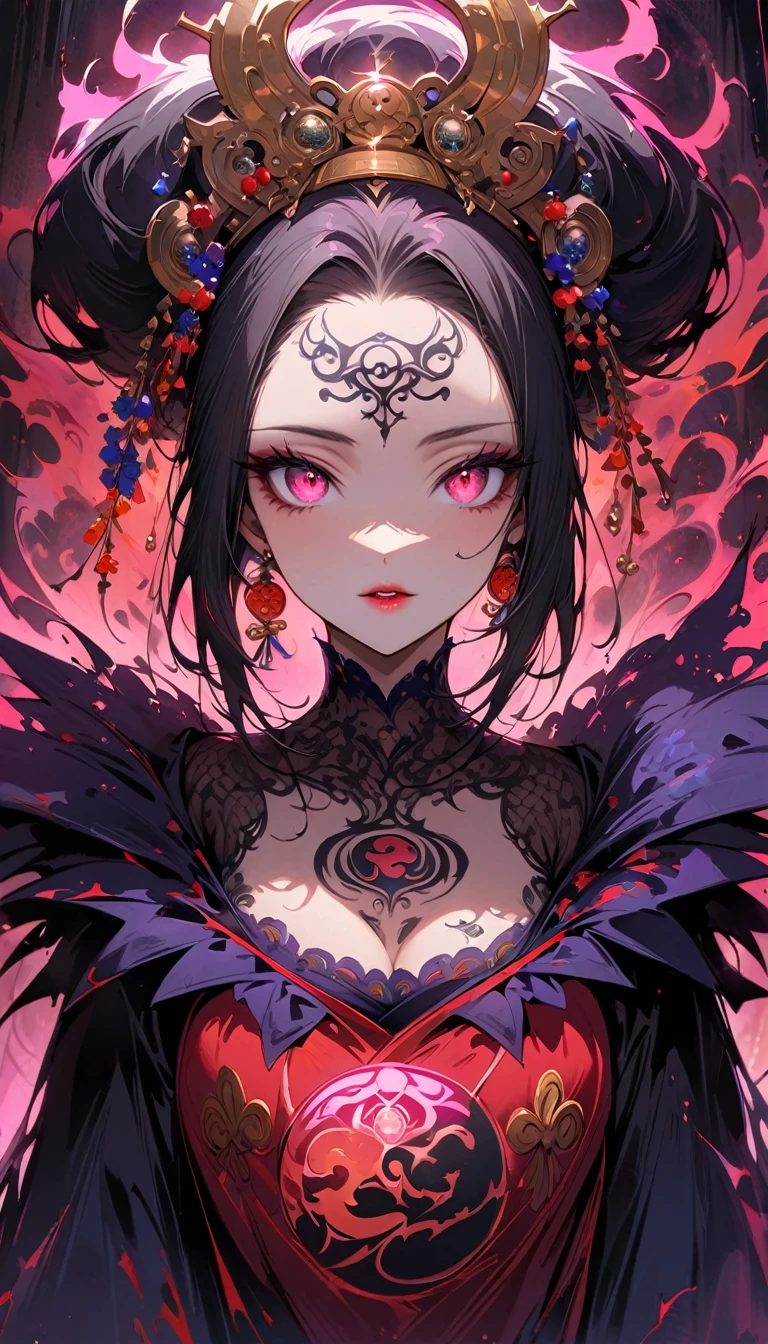 Ink painting, (((1 girl))), (((Tattoo in the middle of the forehead))),(((In the background is the Akatsuki moon))), (((Oiran))), (((Great hair accessories))), Demon possession, ((Masterpiece:1.2)), ((Highest quality)), (((Upper body covered))), Beautiful detailed eyes,Beautiful detailed lips,Highly detailed eyes and face.,Long eyelashes,transparent,Fascinating,transparent,Luminous,ethereal,Ghostly,glowing,Fascinated,Faten,ethereal beauty,Celestial features,Amazing Wizard,floating magic girl,Float gracefully,magical aura,Impressive witch,Mysterious magic,shiny look,Magical astrology circle,Magic Zodiac Circle,Divine powers,cosmic energy,Magical skill,Spiritual connection,Mashhad is the end of the world.