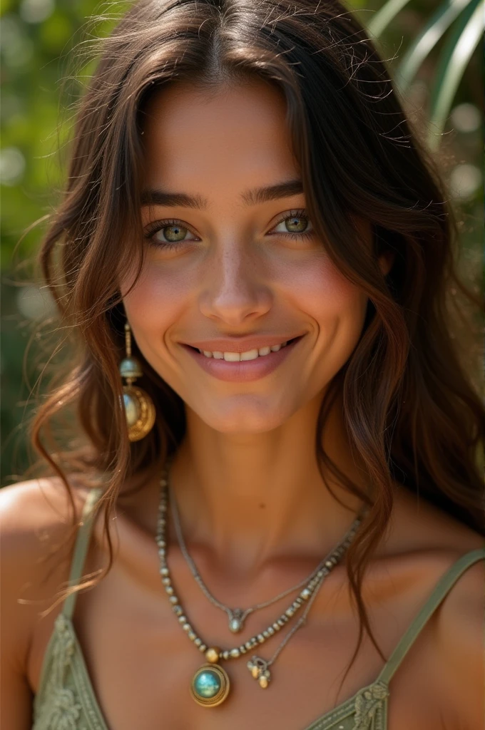 girl smiling, in the style of reefwave, metalwork jewelry, goa-insprired motifs, eco-friendly craftsmanship, smooth and shiny, exotic, softly organic --ar 69:128 --s 750 --v 5. 2