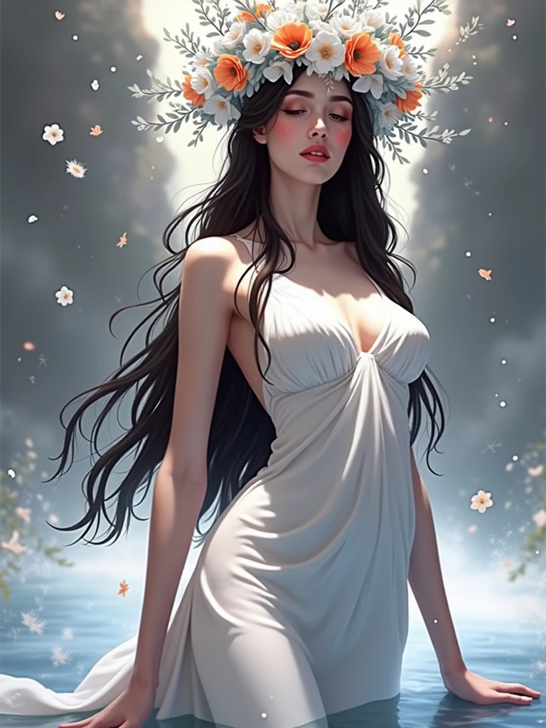 lady with flowers on her head is an acrylic painting, in the style of lucy glendinning, tony diterlizzi, organic and naturalistic compositions, floral explosions, ferris plock, light orange and brown, serene faces --ar 3:4 -