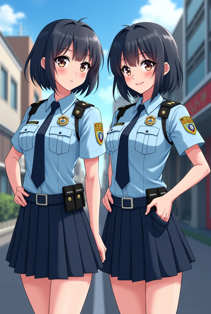 two japanese girl in police uniform with skirt