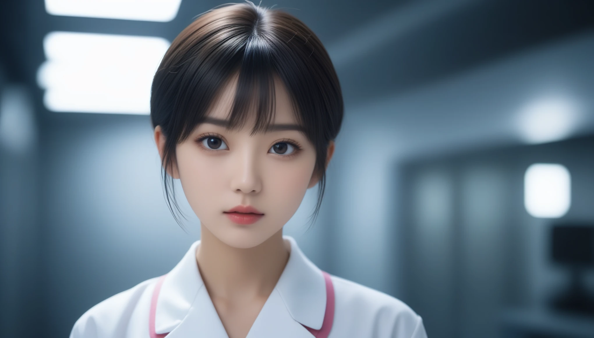 8k, Ultra-high resolution, Highest quality, masterpiece, 三分割法によるphotograph,Surreal, photograph, 1 , (:1.3), cute, cute顔, 細部までBeautiful Eyes, 細かくdetailedに,masterpiece,One Girl:1.2,Japanese women,nurse,upper body,glaring,Black short hair,Bowl cut,ID photo,((Fusion of humans and androids)),(Nurse uniform of the future:1.3),cyber punk,Eccentric,Medical Treatment Room,white collar,(Beautiful attention to detail),Subtle details, detailedな顔,anger,Attractive eyes,(ポートレートphotograph:1.4),(Photorealistic images:1.4),Fantasy art,(Beautiful Face:1.4),美しくAttractive eyes、Beautiful Eyes,Silver residue,(Tight waist:1.4)、(Beautiful with perfect body proportions:1.4),Pink Lips,profile,(((Ideal body type))),A-cup small breasts :2,、Portraiture:2、Perfect Anatomy、鮮明なdetailed、detailed,Fashion magazine cover,Thin lips,完璧でBeautiful Face ,完璧でcute顔, Skin with attention to detail, Perfect limbs、Narrow waist,Surreal,Light and shadow,spotlight