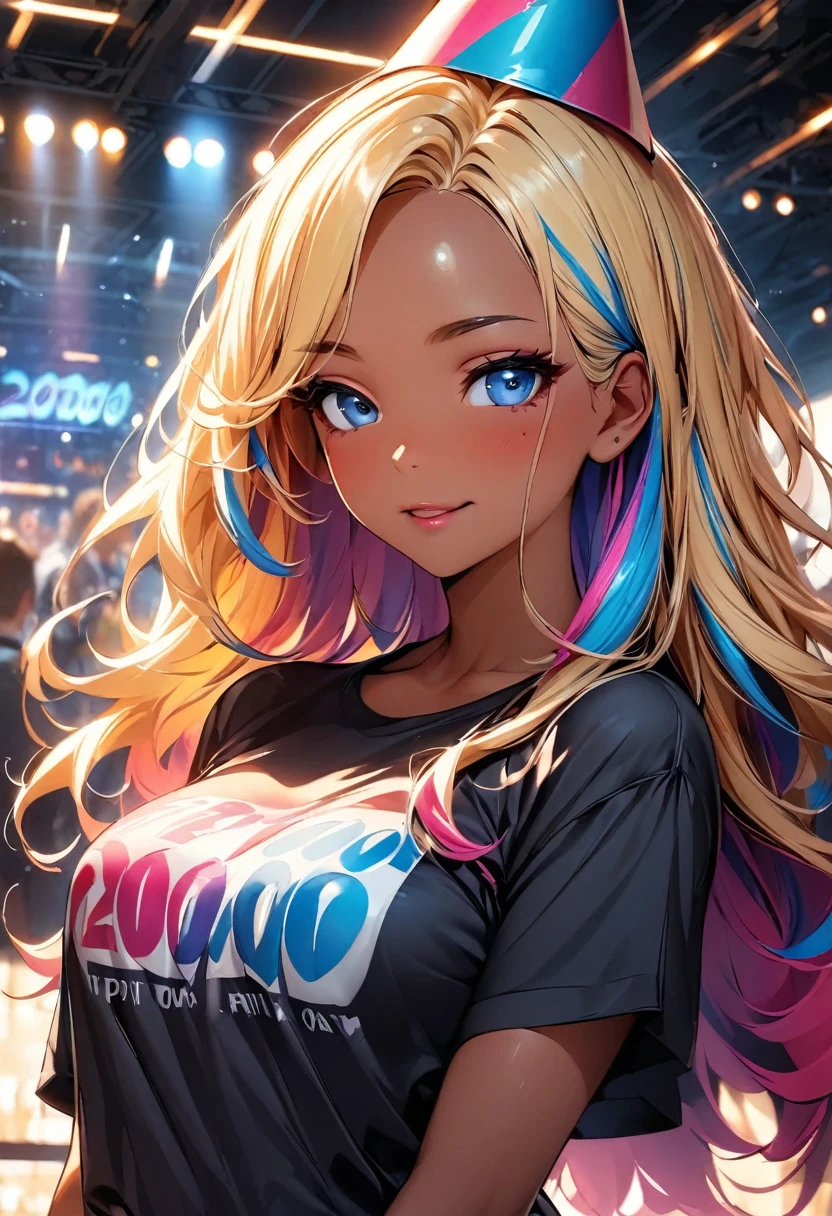 (highest quality:1.2, Very detailed, up to date, Vibrant, Ultra-high resolution, High Contrast, masterpiece:1.2, highest quality, Best aesthetics), Portraiture、girl、slim:1, Bright colors、Beautiful fine details、Beautiful lip detail、long hair, ((wavy hair:0.4))、messy hair, blonde and blue ((streaked hair:1.3)), highlights hair: 1.3, (medium breast:1), (tan skin:1.3), standing in party venue, holding big hand held sign (says "2000"\), colorful conical party hat, happy:1.5