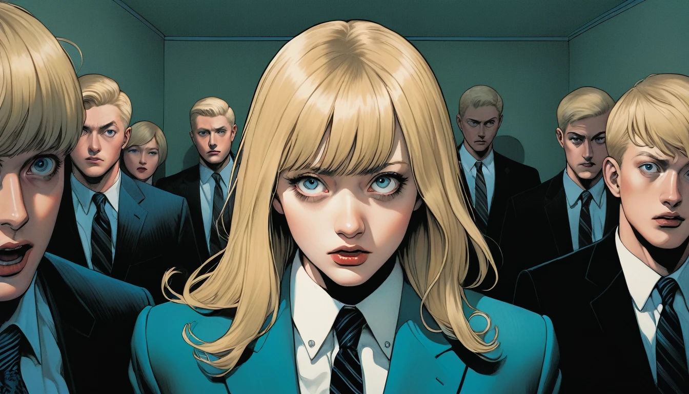 An illustration、art、Supervised by Junji Ito、Overaction、Overreaction、Pretending to be scared、Attention to detail, Realistic shadows、Analog Style, chromatic aberration, Surrealism,Blonde、suit
