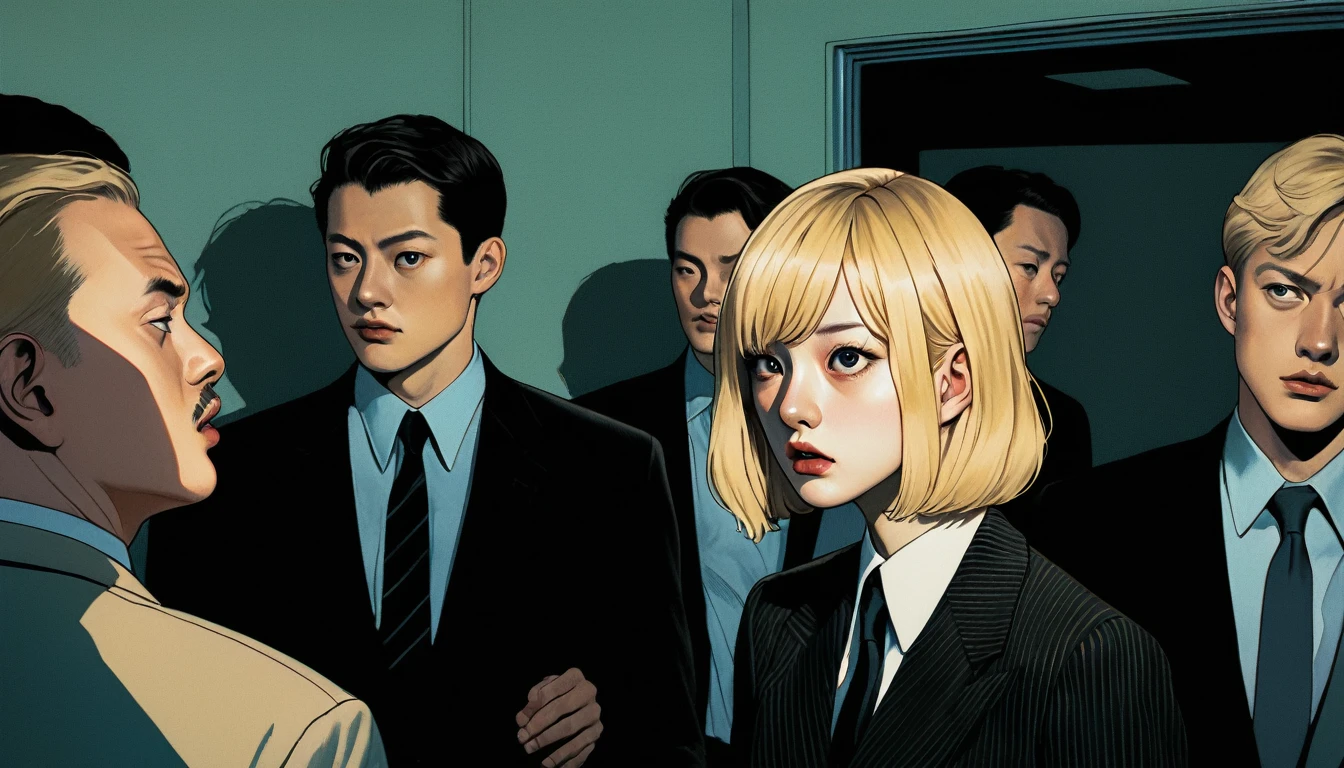 An illustration、art、Supervised by Junji Ito、Overaction、Overreaction、Pretending to be scared、Attention to detail, Realistic shadows、Analog Style, chromatic aberration, Surrealism,Blonde、suit