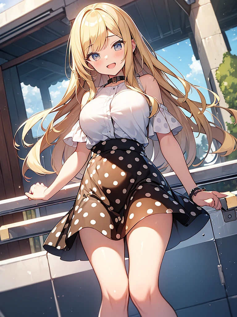 (Masterpiece, Top quality:1.5), full body, (1 beautiful girl, solo:1.2), (Round eyes, big eyes, droopy eyes:1.3), (short height:1.2), (Polka Dot Midi Skirt:1.3), (blonde hair:1.2), long Hair, straight Hair, asymmetry bangs, swept bangs, (large breasts:1.2), smile:1.3, blush:1.3, beautiful scene of station platform, open mouth, dynamic pose, dynamic angle