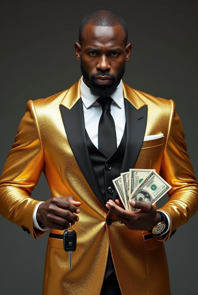 A man image gold dress and first' hand was lembo car key and second hand was money frente look image not blur man image and zoom man white